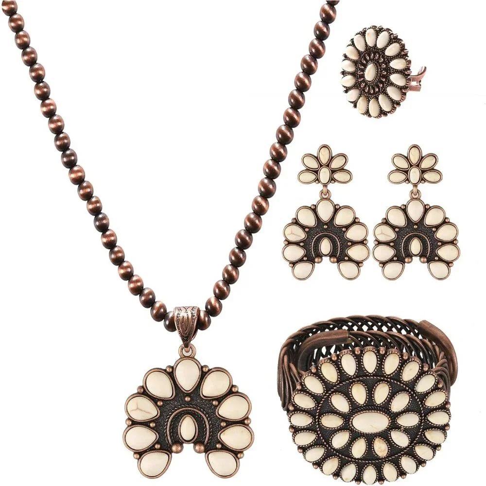 4 PCS Western Turquoise Jewelry for Women Boho Vintage Navajo Pearl Necklace Ear